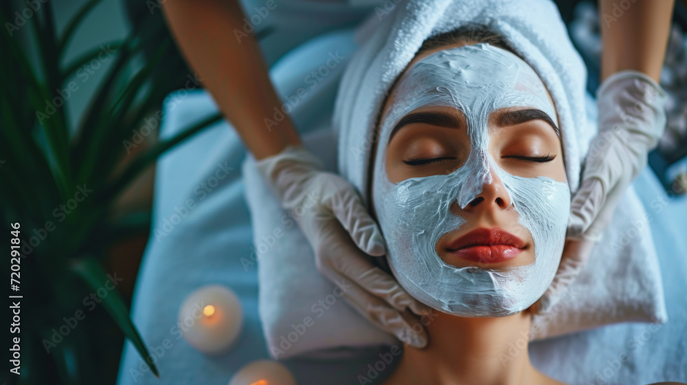 A woman enjoying a relaxing spa treatment in a salon, with a facial mask and skincare products for a soothing and rejuvenating experience A woman enjoying a relaxing spa treatment in a salon, with a facial mask and skincare products for a soothing and rejuvenating experience
