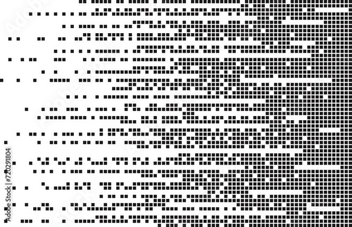 Abstract monochrome pixelated background. Scattered loose data elements. Horizontal line composition. Technology and cyber security check backdrop.