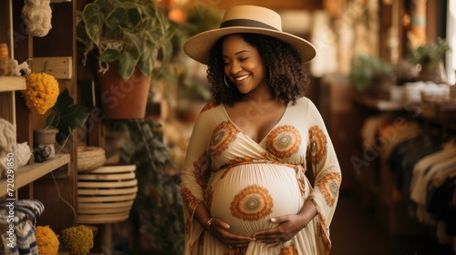 a plump black woman pregnant and Smiling happily about having a baby with bohemian outfit Dressing