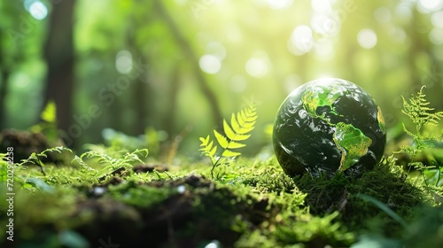 Earth day celebration background with copy space. A globe is surrounded by greenery and sunlight. Nature planet ecology design concept.