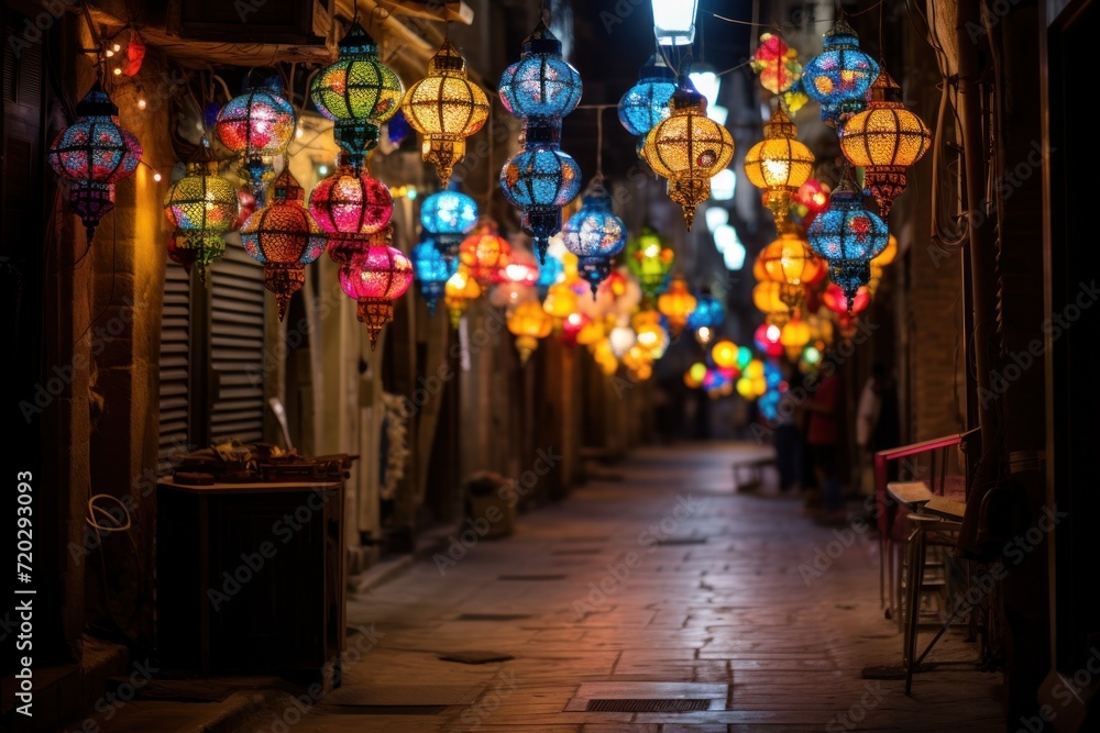 Festive lanterns hanging in an old Middle Eastern alley