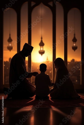 Family silhouettes in prayer during Ramadan evening indoors