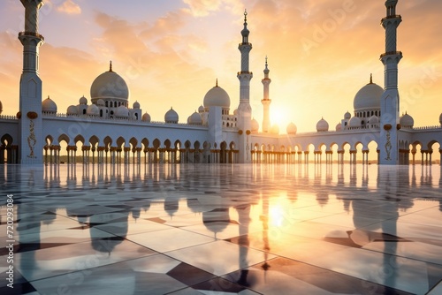 Reflective tiles at mosque entrance with sunrise backdrop