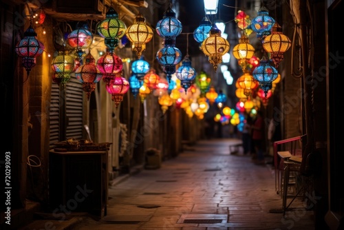Festive lanterns hanging in an old Middle Eastern alley © Photocreo Bednarek