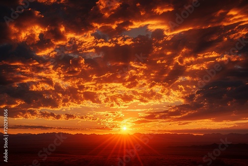 background panorama scenic of the strong sunrise with silver lining and cloud on the orange sky