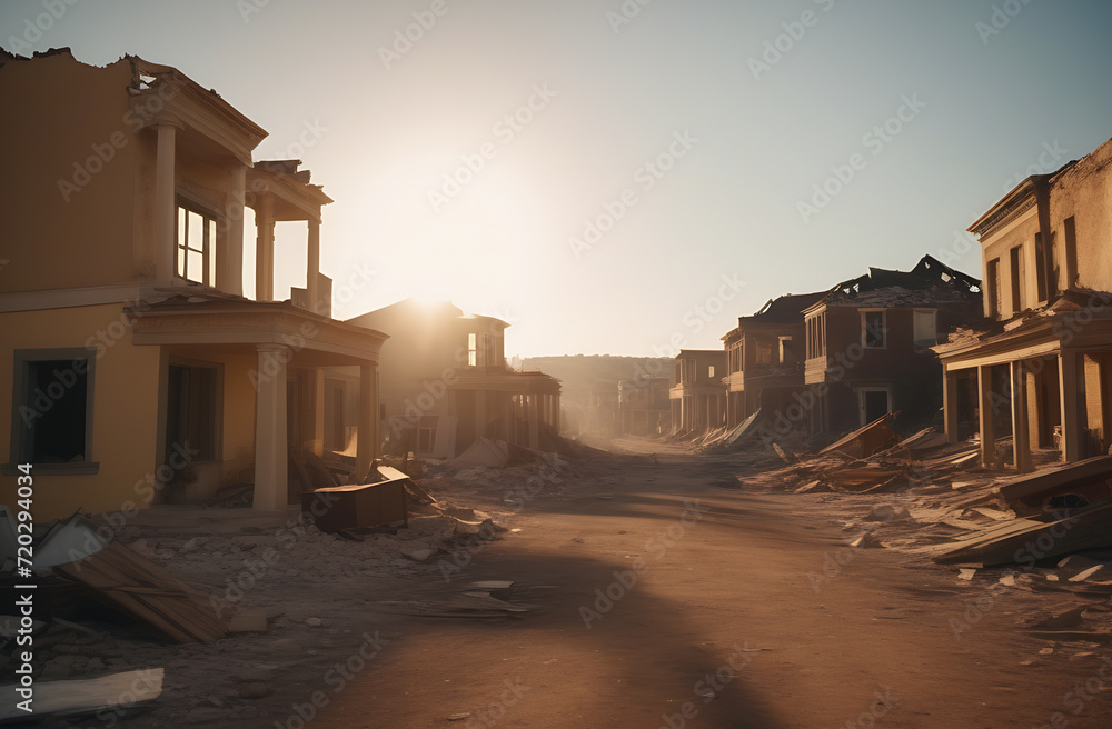 Destroyed houses in the city due to explosions, devastation, war.