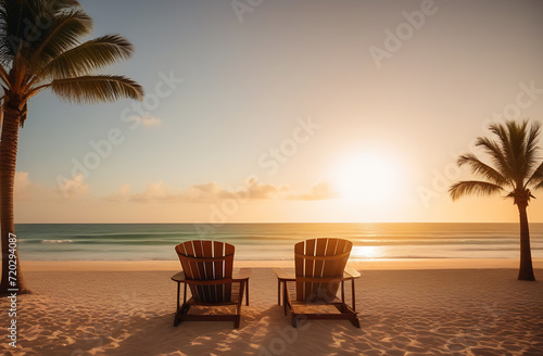 Wooden sun loungers on the sandy beach against the backdrop of the sea at sunset.