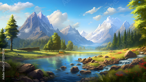 A painting of a mountain stream with mountains in the background,, Nature-inspired scene with mountains forests and animals Free Photo 