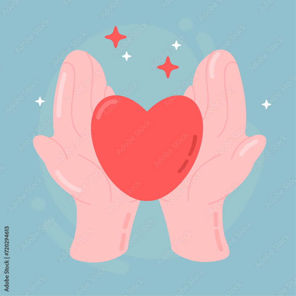 Hands holding a heart. Vector illustration in flat cartoon style.