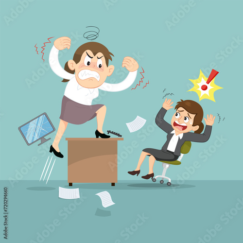 Businesswoman feeling angry to coworkers in office. Assaulted and violence in workplace. Coworkers quarrel argument. illustration, vector, cartoon, eps10. 