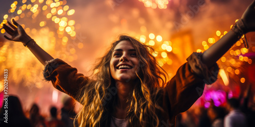 Exuberant Young Woman Enjoying a Festival, Arms Raised with Fireworks Exploding in the Night Sky, Symbolizing Celebration and Joy.