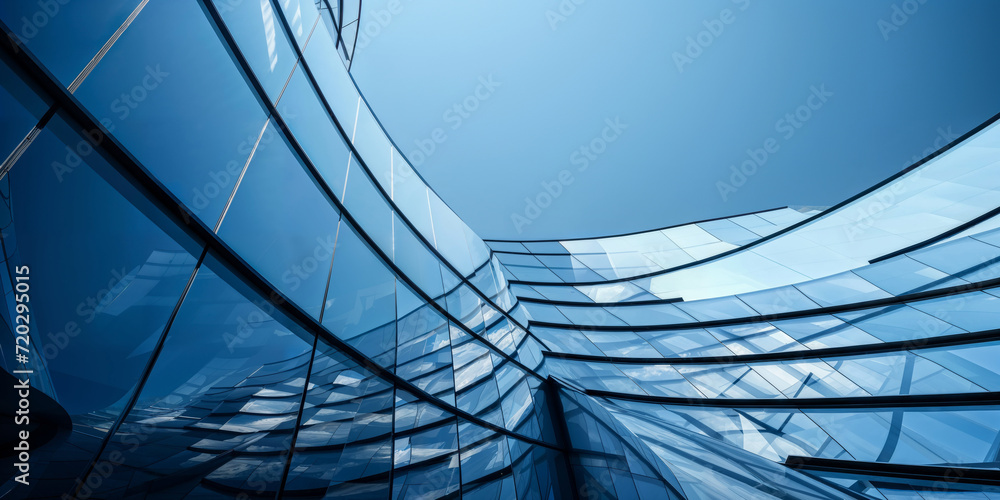 Modern architectural elegance: Upward view of a futuristic skyscraper's curved glass facade reflecting the clear blue sky - obrazy, fototapety, plakaty 