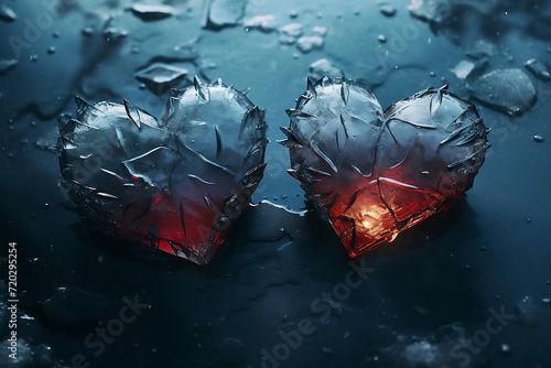 Two frozen hearts burning inside. Dark background with dark love concept.