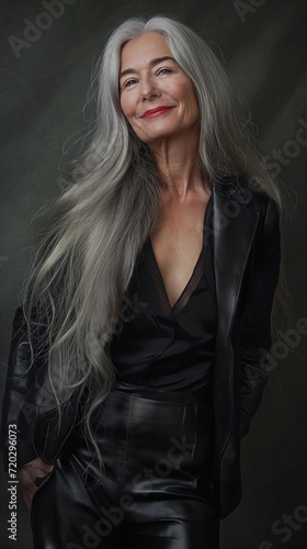 Mulher de 55 anos de cabelos brancos e roupa de couro preta 