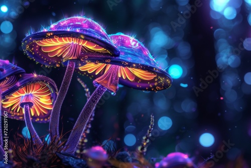 vibrant mushrooms dancing in neon glow, Generative AI