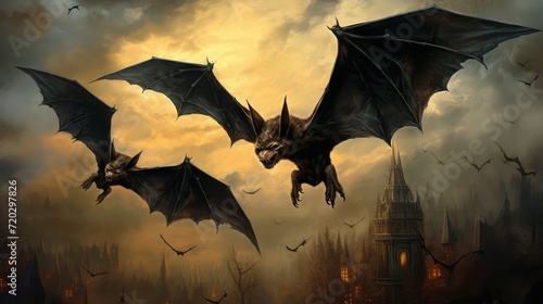 Spooky carnivore flying mutant bats over old castle at sunset.