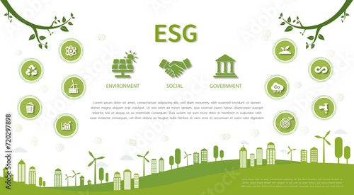 ESG concept of environmental, social and governance. in sustainable and ethical business on the Network connection on a green background. Green Vector illustration