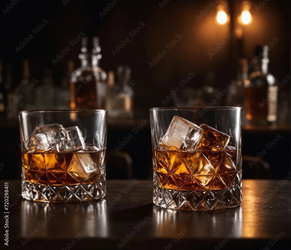 Two glass glasses of whiskey with ice on the bar, a gloomy dark background