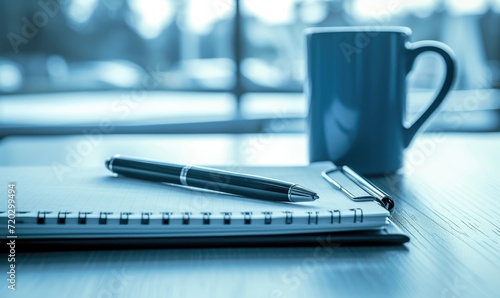 Notepad on a table with pen before meeting, blue tone, business concept with copy space, selective focus photo