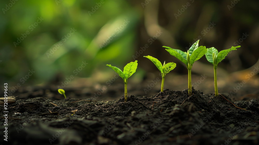 Fototapeta premium Row of young trees sprouting from the earth.