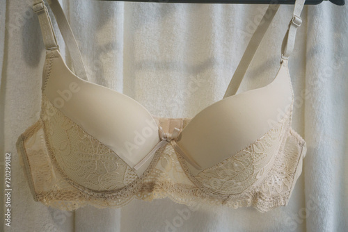 Beige floral lace luxury elegant women push up bra on the hangers.