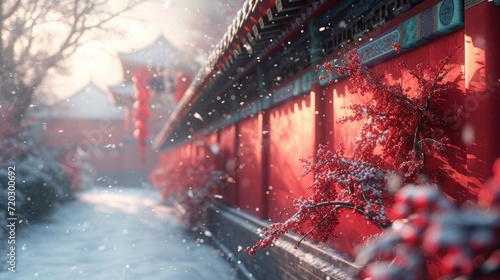 Snowy day, red wall of the Forbidden City, plum tree on a red wall, covered in snow photo