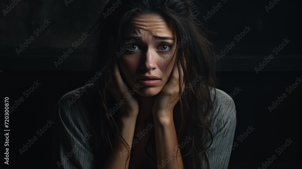 Close-up portrait of a depressing woman. shock distress sad cry emotional. touching face. Generated AI Close-up portrait of a depressing woman. shock distress sad cry emotional. touching face. Generated AI