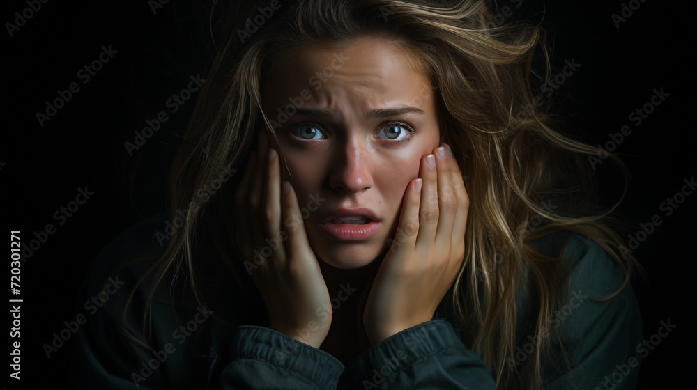 Close-up portrait of a depressing woman. shock distress sad cry emotional. touching face. Generated AI Close-up portrait of a depressing woman. shock distress sad cry emotional. touching face. Generated AI