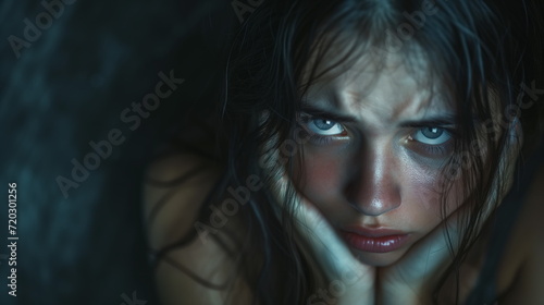 Close-up portrait of a depressing woman. shock distress sad cry emotional. touching face. Generated AI