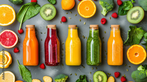 Green yellow orange and red smoothie in glass bottle