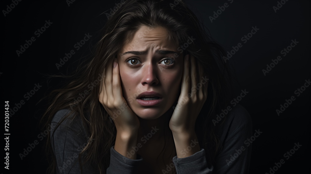 Close-up portrait of a depressing woman. shock distress sad cry emotional. touching face. Generated AI Close-up portrait of a depressing woman. shock distress sad cry emotional. touching face. Generated AI
