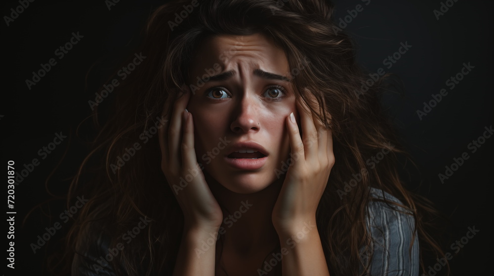 Close-up portrait of a depressing woman. shock distress sad cry emotional. touching face. Generated AI Close-up portrait of a depressing woman. shock distress sad cry emotional. touching face. Generated AI