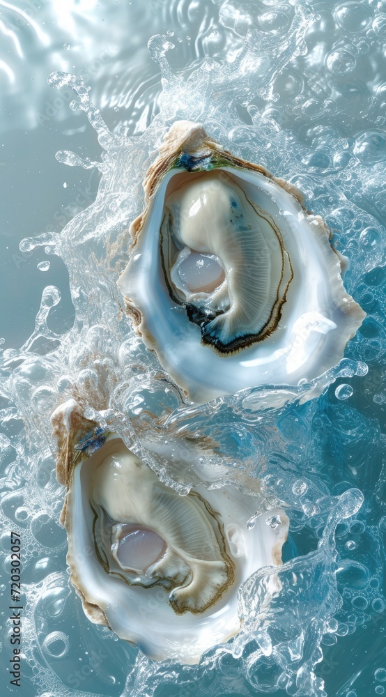 double oysters with wavy splashes of water is photographed as a water splash blows over the oyster double oysters with wavy splashes of water is photographed as a water splash blows over the oyster