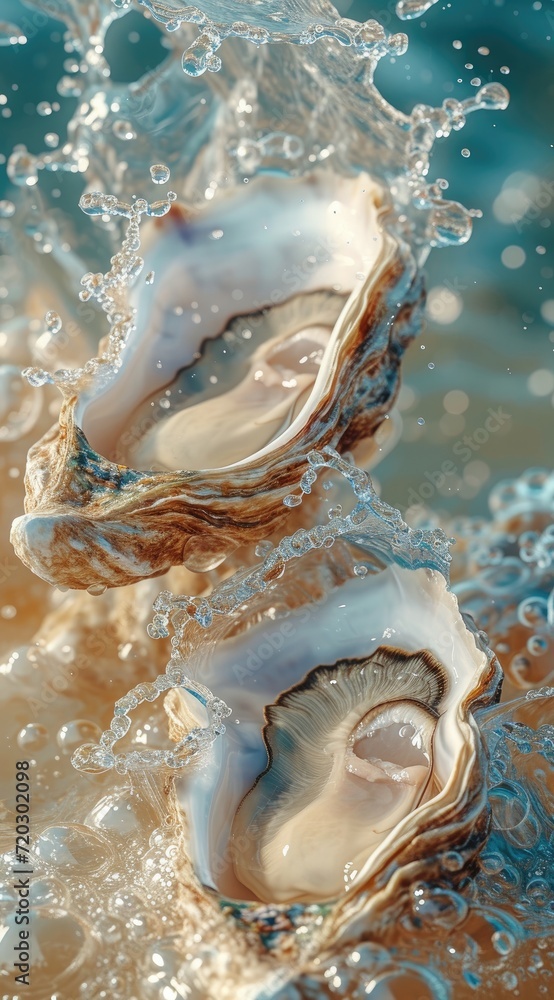 double oysters with wavy splashes of water is photographed as a water splash blows over the oyster double oysters with wavy splashes of water is photographed as a water splash blows over the oyster