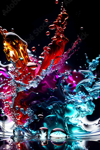 Abstract 3d render, colorful splash of glossy shape on a black background, digital art