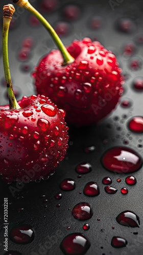 water droplets on red cherries