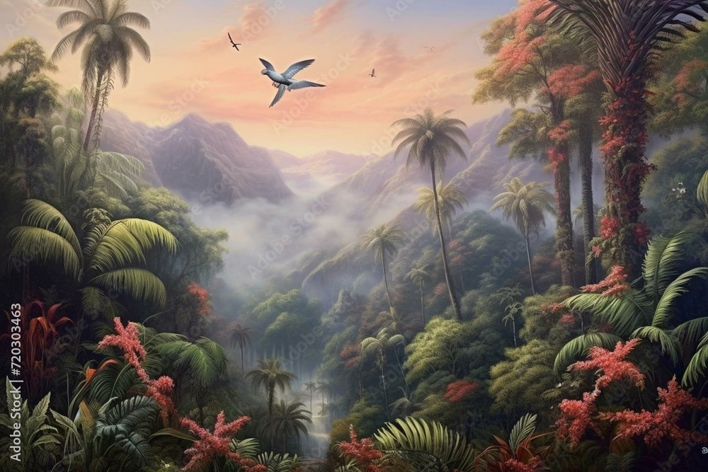 A scenic landscape featuring palm trees, majestic mountains, and birds against a vibrant backdrop. Generative AI