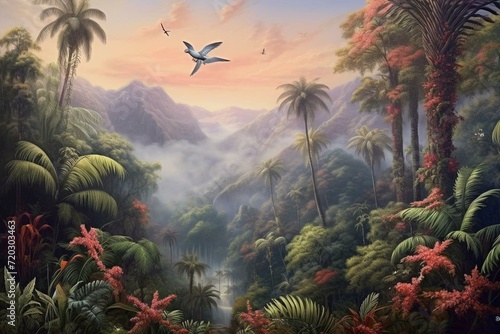 A scenic landscape featuring palm trees, majestic mountains, and birds against a vibrant backdrop. Generative AI