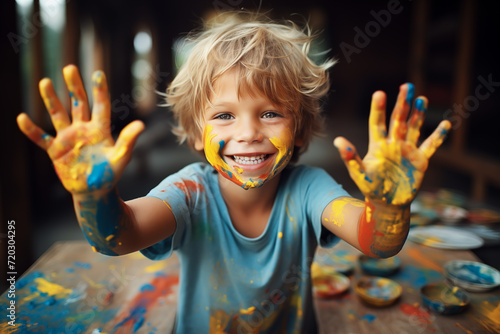 Funny child boy draws laughing shows hands dirty with color paint. Little kid playing with colors. Generative Ai.