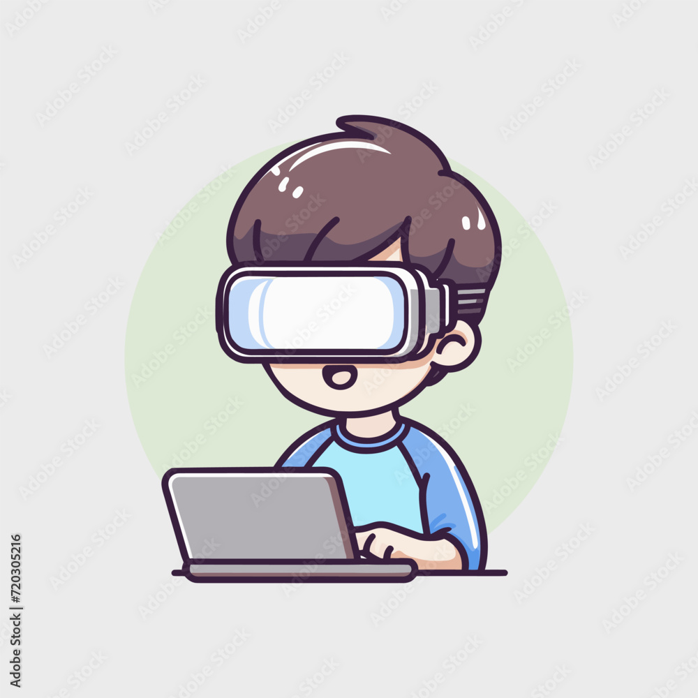 Boy wearing virtual reality glasses to access augmented reality with laptop vector icon illustration Boy wearing virtual reality glasses to access augmented reality with laptop vector icon illustration