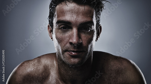 Portrait, man and water with cosmetics, sweating and dermatology on grey studio background. Face, person and model with hydration and beauty with morning routine, wet and hygiene with skincare