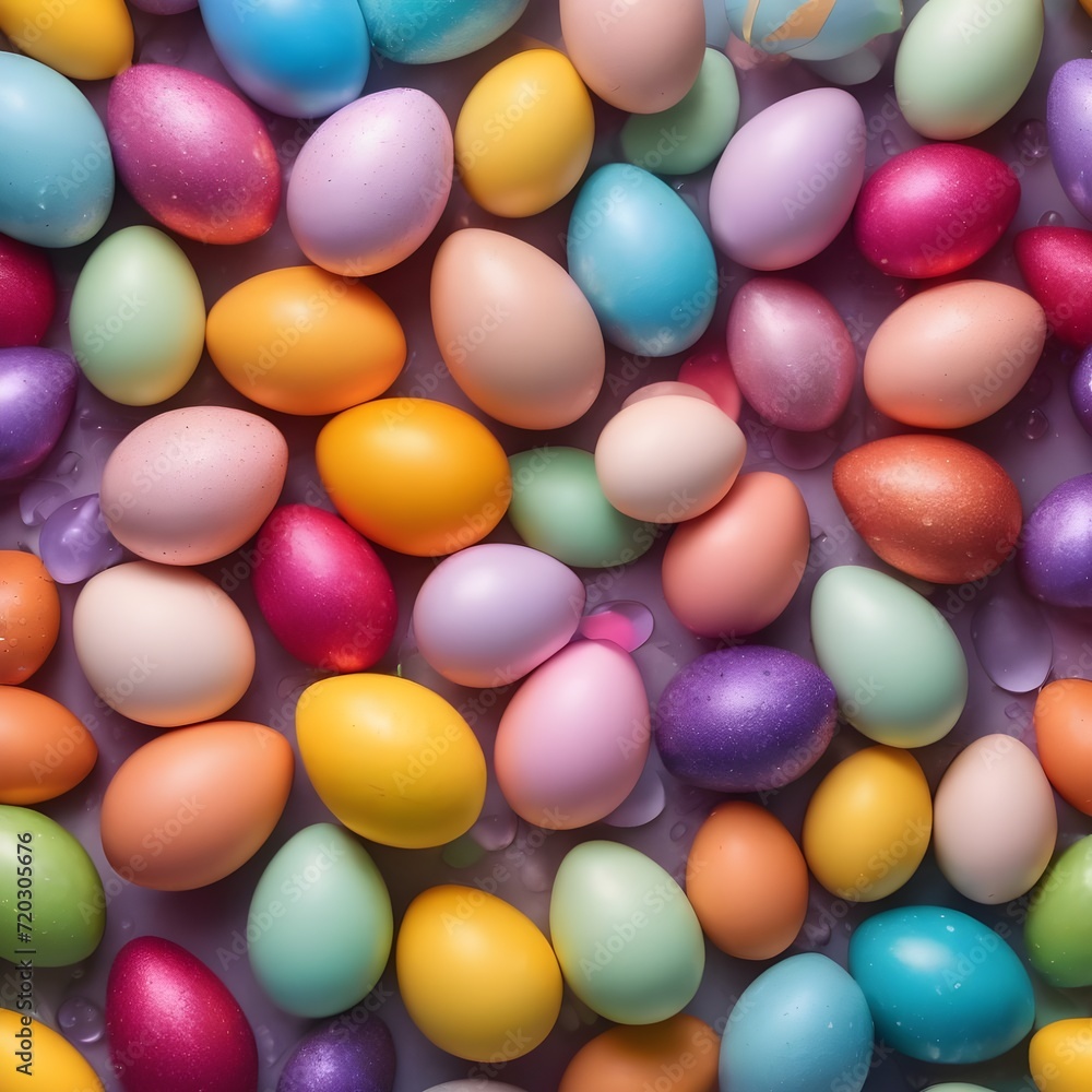 Easter eggs and spring flowers on a colorful background with water drops Easter eggs and spring flowers on a colorful background with water drops