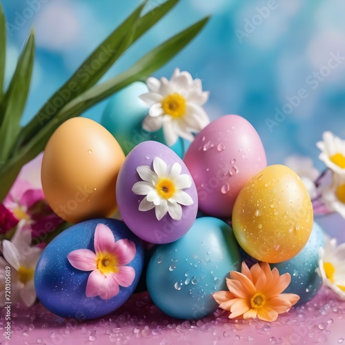 Easter eggs and spring flowers on a colorful background with water drops