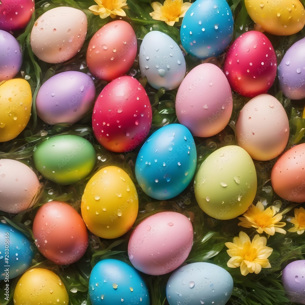 Easter eggs and spring flowers on a colorful background with water drops Easter eggs and spring flowers on a colorful background with water drops