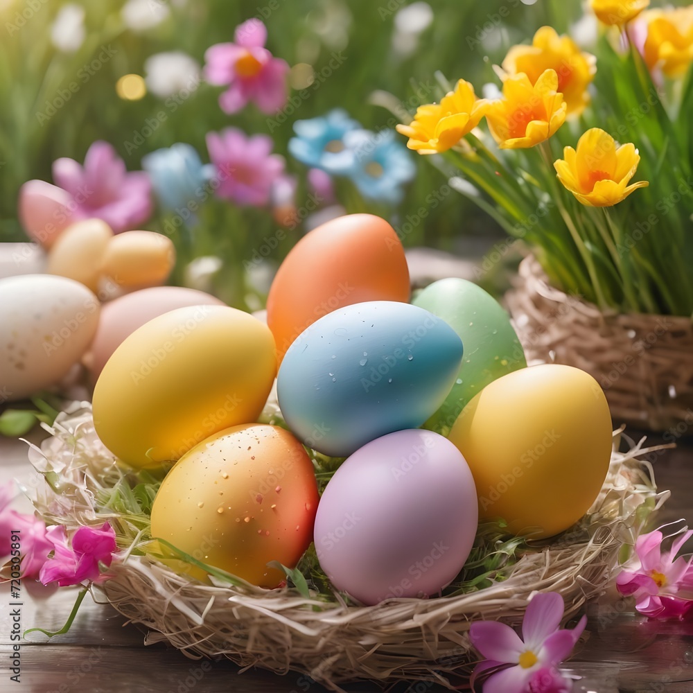 Easter eggs and spring flowers on a colorful background with water drops