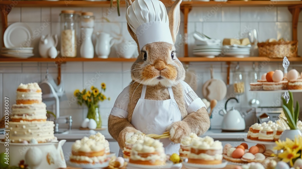 A funny bunny in a white chef's hat and apron is hosting an Easter cooking show, surrounded by painted eggs and Easter cakes. Animals are like people.