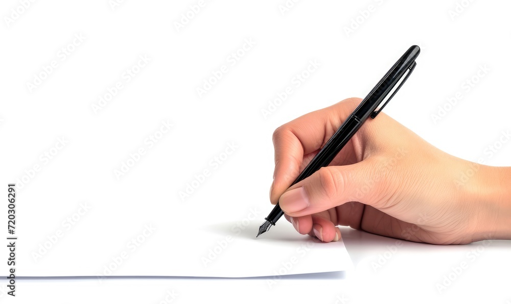 a hand writes with a ballpoint pen. white background a hand writes with a ballpoint pen. white background