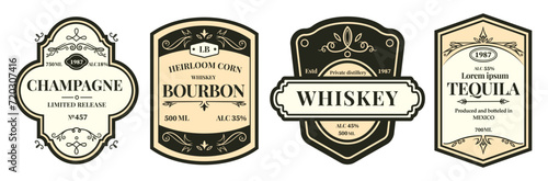 Labels for beer, vodka and whiskey bottles. Vintage wine frame sticker in wood. Alcohol beverage brand logo. Tequila drink. Champagne or bourbon gold badge template. Vector premium stickers design set
