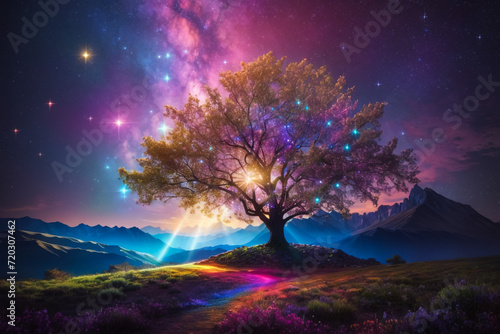 Alone tree with  fireflies or lightning bug in the night sky. A colorful winter landscape illustration, Generative AI