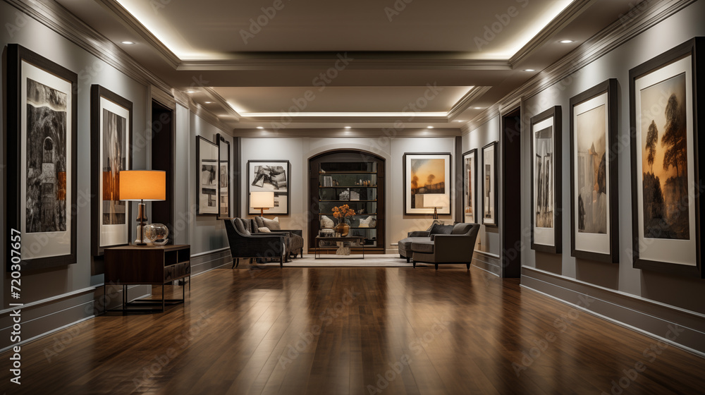 A gallery-style hallway with recessed lighting - obrazy, fototapety, plakaty 